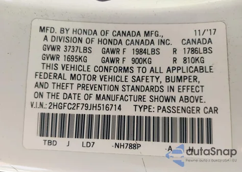 2018 Honda Civic Ex из США, поврежденный, VIN 2HGFC2F79JH516714